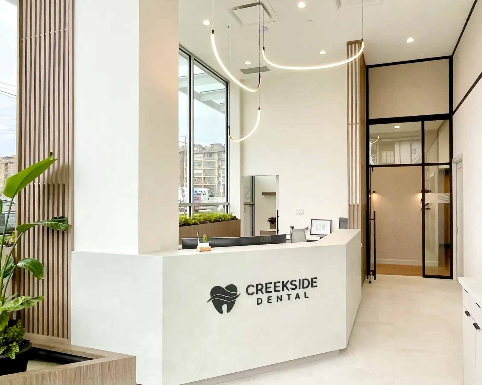 The bright reception and waiting area at Creekside Dental Langley