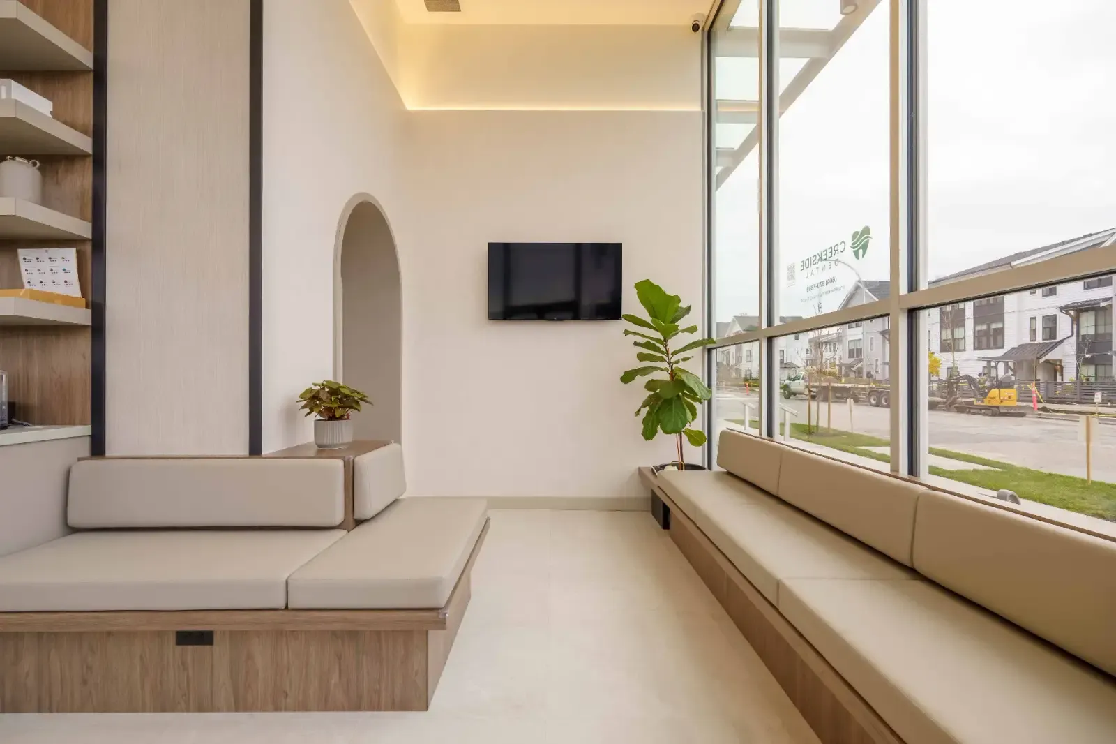 The light-filled waiting area with a view onto the Willoughby neighbourhood